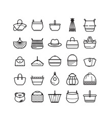 Planche de pictogrammes vectoriels représentant des paniers en osier et rotin, diverses formes et usages. Design minimaliste, créatif et épuré, illustrant les paniers du marché, pique-nique
