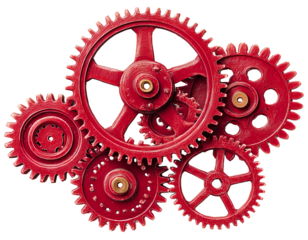 Red cogwheel with worn metallic texture, industrial style, isolated on a transparent background, PNG