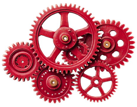 Red cogwheel with worn metallic texture, industrial style, isolated on a transparent background, PNG - Powered by Adobe