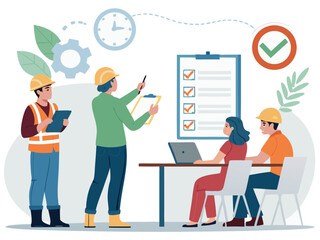 “Construction Workers Safety Training Illustration – Workplace Safety, Engineering Team Meeting, Occupational Health Checklist in Flat Vector Style”
