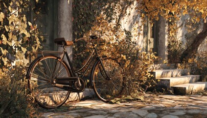 Obraz premium Vintage bicycle parked outside a weathered stone building