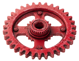 Red cogwheel with worn metallic texture, industrial style, isolated on a transparent background, PNG