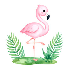 Cute Pink Flamingo Watercolor Cartoon Illustration.