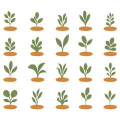 A collection of twenty stylized illustrations of young green plants growing from small mounds of soil.