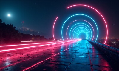 A futuristic night scene features a road leading into a glowing neon tunnel, with vibrant light trails and a distant cityscape under the moon.