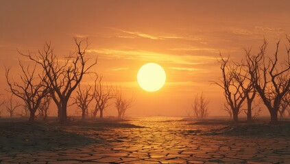 A desolate sunset over a cracked earth landscape