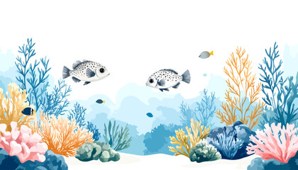 A beautiful watercolor illustration of fish swimming in a vibrant coral reef.