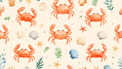 Watercolor Crab and Seashell Pattern for Summer Designs.