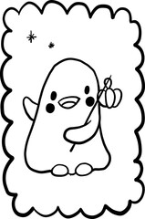 Festive cards with doodle ghosts vector icons set for Halloween. Cute childish characters with pumpkin, bat, spider, web, wings, Smiling kids elements for print and nursery decor