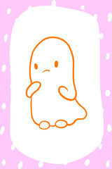 Festive cards with doodle ghosts vector icons set for Halloween. Cute childish characters with pumpkin, bat, spider, web, wings, Smiling kids elements for print and nursery decor