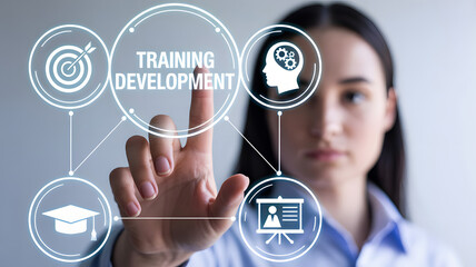 Woman interacting with training and development icons, touching digital screen interface