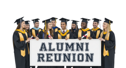 Graduates Banner. graduates alumni Alumni Holding Banner reunion Reunion students graduation
