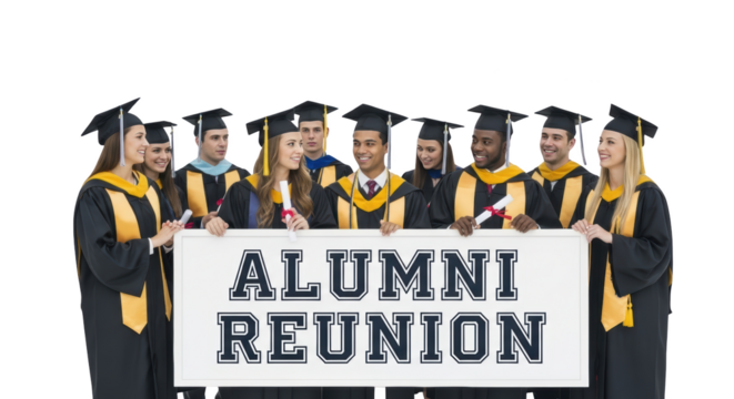 Graduates Banner. graduates alumni Alumni Holding Banner reunion Reunion students graduation