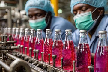 Bottling plant workers oversee beverage production line with colorful bottles.