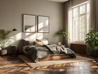 A bedroom with a bed, a plant, and a window. The bed is covered with a blanket and pillows