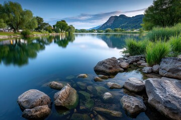 Fototapeta premium Serene Lake Reflections with Rocks and Green Grass at Dusk