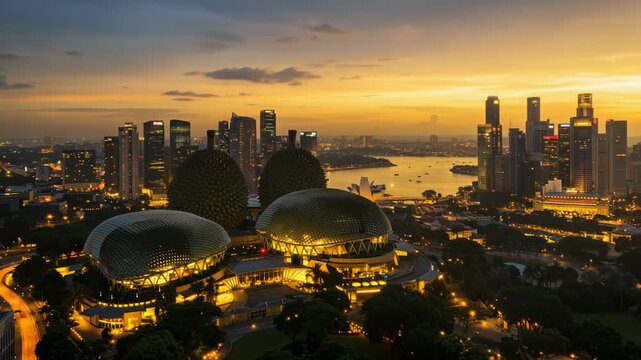 Golden hour sunset over singapores iconic skyline with gardens by the bay domes