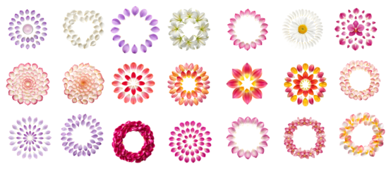 Collection of diverse floral round border designs with vivid colors and intricate petal patterns transparent background
