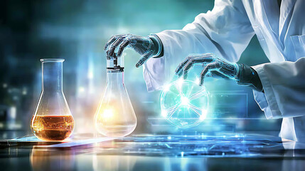 Scientist with robotic gloves manipulating chemical flasks and holographic data in a futuristic lab setting