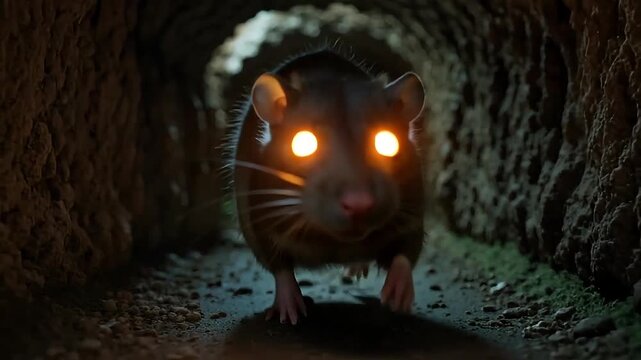 Eerie rat scurries through a dark, ominous tunnel with glowing eyes, perfect for Halloween-themed video projects and horror content
