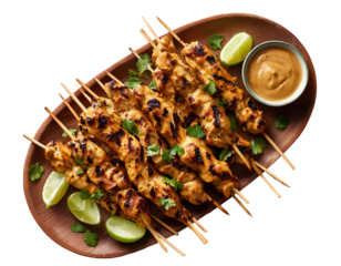 Grilled satay skewers on wooden platter with peanut sauce, isolated on a transparent background, PNG