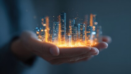 A hand holds a holographic city model