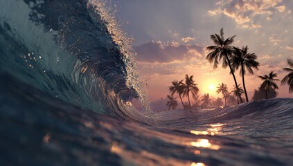 Ocean wave at sunset with palm trees