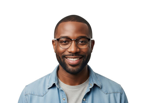 Smiling man wearing glasses and denim shirt confidently poses for portrait transparent background