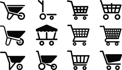 Collection of various shopping carts and trolleys in a clean graphic design