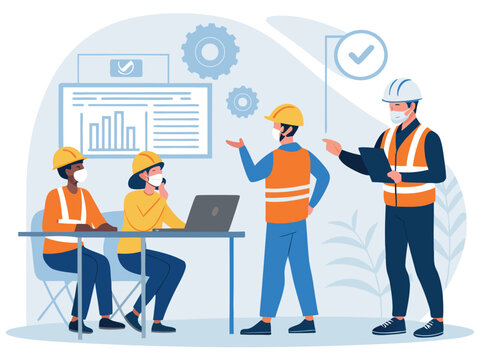 &ldquo;Construction Workers Safety Training Illustration &ndash; Workplace Safety, Engineering Team Meeting, Occupational Health Checklist in Flat Vector Style&rdquo;