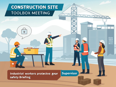 &ldquo;Construction Workers Safety Training Illustration &ndash; Workplace Safety, Engineering Team Meeting, Occupational Health Checklist in Flat Vector Style&rdquo;