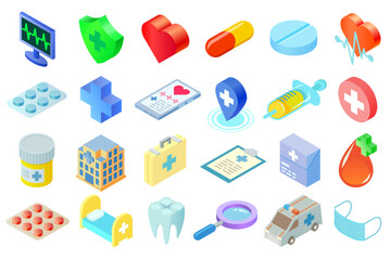 Isometric medical icons vector set. Collection of health care 3D rendered isometrical vector icons isolated on white background