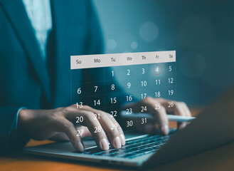 Businessman typing on laptop with digital calendar overlay, concept of scheduling, time management, planning, deadline reminder, productivity, business technology, and online organization tools.