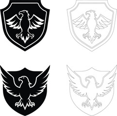 Silhouette of an eagle in shield emblem, flat bold black vector design