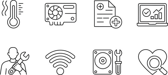 Collection of hand drawn icons representing technology health and diagnostics
