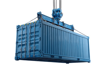 Blue shipping container lifted by crane