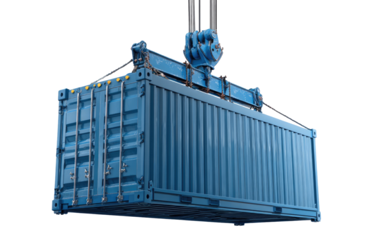 Blue shipping container lifted by crane - Powered by Adobe