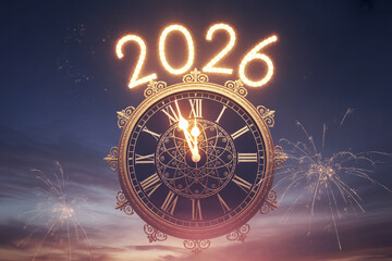 Countdown to 2026 with sparkling fireworks and a vintage clock face, capturing the excitement of New Year's Eve celebrations and future aspirations.