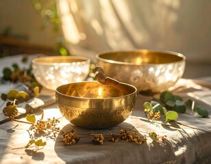 Golden singing bowls, illuminated by sunlight, sit on a linen tablecloth, accented by delicate sprigs of greenery and small blooms, creating a serene and tranquil scene.