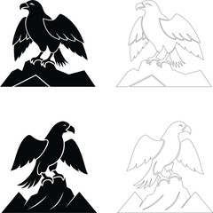 Silhouette of an eagle perched on a mountain peak, bold flat black vector