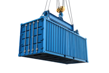 A blue shipping container is suspended from a crane