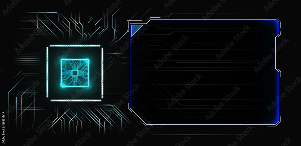 Poster a futuristic digital design showcases a glowing microchip set against a dark circuit board backgroun