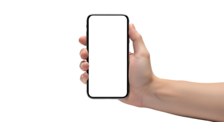 Hand holding a modern smartphone with a blank white screen