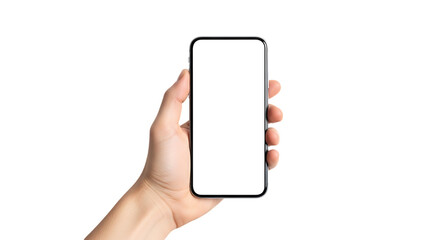Hand holding a modern smartphone with a blank white screen isolated on transparent background