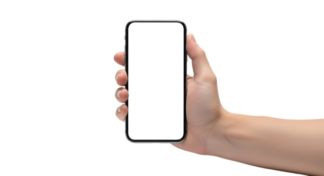 Hand holding a modern smartphone with a blank white screen