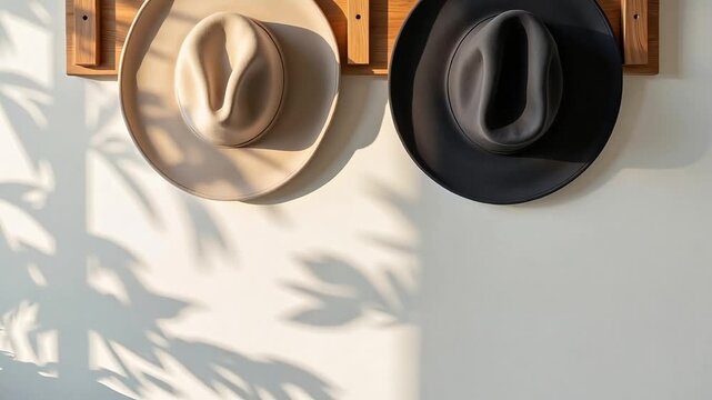 Stylish cowboy hats hang on a wooden rack, casting playful shadows on a light wall.