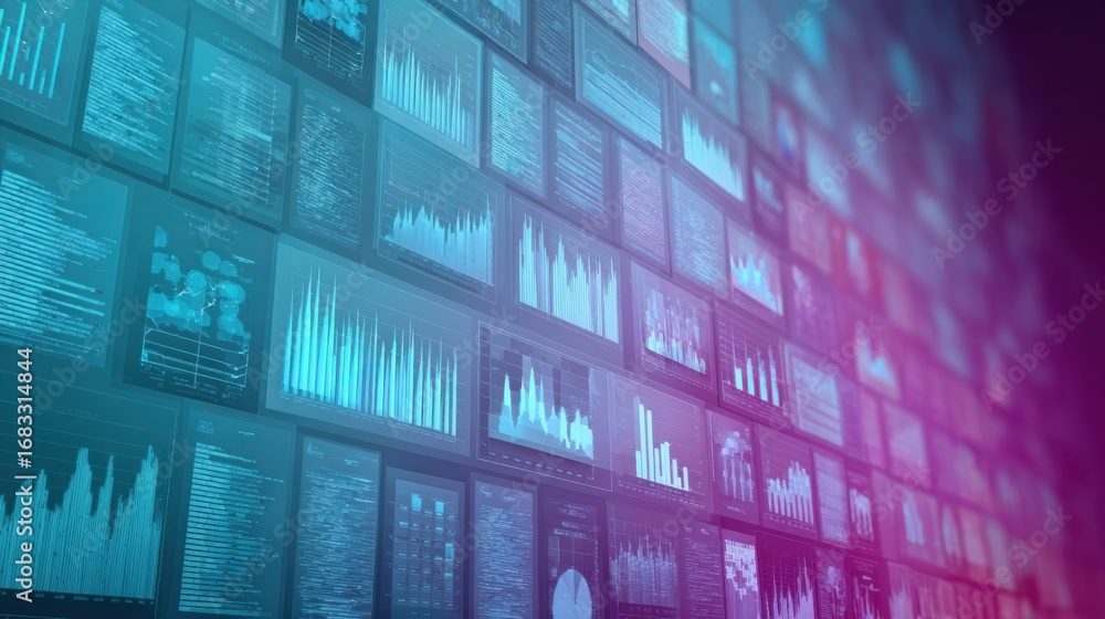 Poster colorful graphs and charts present data analytics in a modern workspace, emphasizing trends and insi