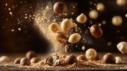 Macadamia nut shells and kernels flying with powder explosion on rustic wooden surface, creating warm and delicious snack scene with natural textures and lighting