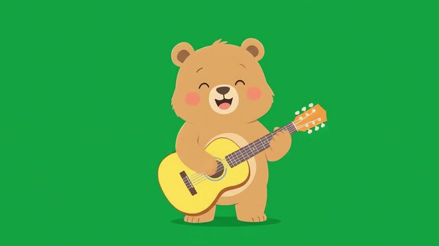 Cartoon bear playing a yellow guitar on green background
