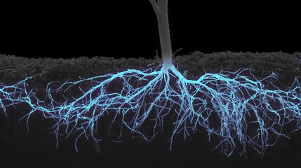 An X-ray view of plant roots unveiling a hidden glowing network weaving through the soil.
